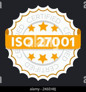 Marchio certificato ISO 27001. Sistema di gestione ambientale marchio approvato a livello internazionale. Icona verde del vettore isolato Illustrazione Vettoriale