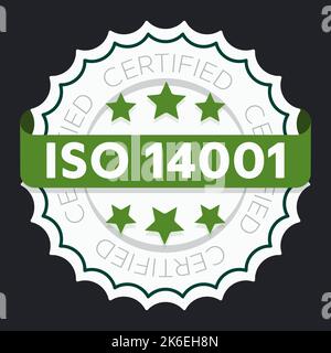 Marchio certificato ISO 14001. Sistema di gestione ambientale marchio approvato a livello internazionale. Icona verde del vettore isolato Illustrazione Vettoriale