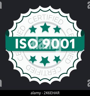 Marchio certificato ISO 9001. Sistema di gestione ambientale marchio approvato a livello internazionale. Icona verde del vettore isolato Illustrazione Vettoriale