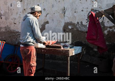 Il pescatore taglia un pesce fresco per pulirlo nelle strade grintose del porto di Essaouira, Marocco, Nord Africa Foto Stock