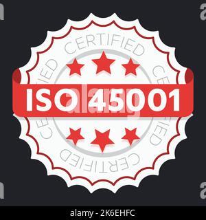 Marchio certificato ISO 45001. Sistema di gestione ambientale marchio approvato a livello internazionale. Icona verde del vettore isolato Illustrazione Vettoriale