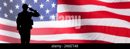 Soldato militare americano che saluta la bandiera degli Stati Uniti. Veterano del popolo Foto Stock