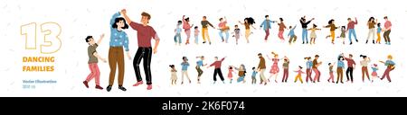 Insieme di famiglie danzanti gioire, divertimento, festa a casa. I personaggi felici dei genitori e dei bambini ballano insieme. Padre o madre con bambini che suonano la chitarra e. Illustrazione Vettoriale