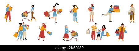 Persone che acquistano in negozio, centro commerciale o mercato. Personaggi diversi con borse, cart e confezioni, famiglia con bambino, coppia, donna anziana, uomini e ragazze wi Illustrazione Vettoriale
