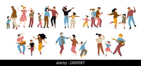 Famiglia danza, gioire, divertimento, concetto di festa a casa con genitori felici e bambini personaggi ballare insieme. Padre o madre con bambini che suonano la chitarra Illustrazione Vettoriale