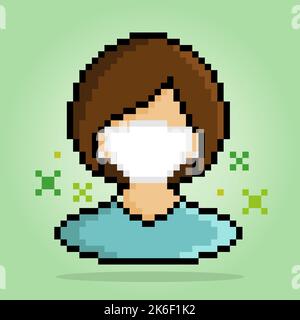 Ragazza con 8 bit pixel maschera medica. Persone in coppia per le risorse di gioco in illustrazione vettoriale. Illustrazione Vettoriale