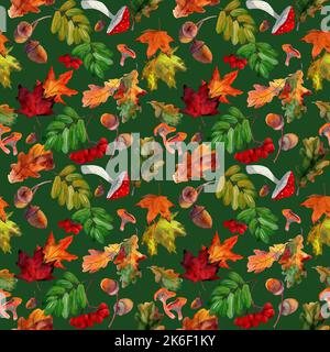 Acquerello disegno a mano senza cuciture con rowan rosso autunno, fogliame giallo acero, foglie di quercia, funghi, ghiande. Design per tessuti, sfondo. Foto Stock