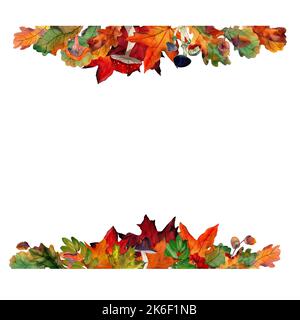 Acquerello di foglie di acero e funghi in bordo ornamentale. Cornice con autunno rowan, ghiande isolate sullo sfondo. Modello per offerta, invito Foto Stock