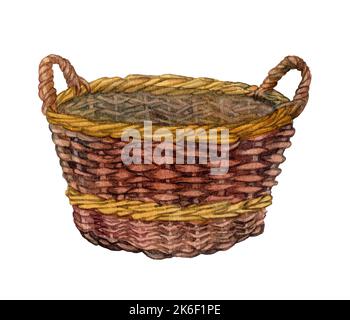 Cesto per frutta e verdura in acquerello . Illustrazione del cestino del pane in vimini. cestino della nonna. Cestello in vimini marrone alto con mano Foto Stock