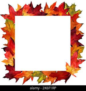 Acquerello di foglie di acero in bordo ornamentale. Cornice dal fogliame autunnale isolato su sfondo bianco. Design per etichette, inviti, offerte Foto Stock