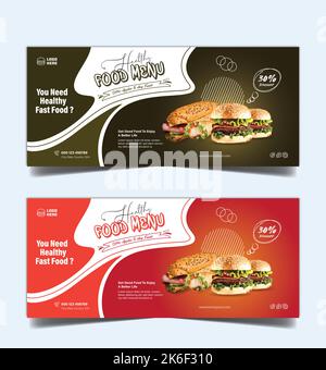 progettazione di un modello di copertina per i social media del menu fast food. profilo dei social media per aziende che operano nel settore della pizza, degli hamburger e dei cibi sani Illustrazione Vettoriale