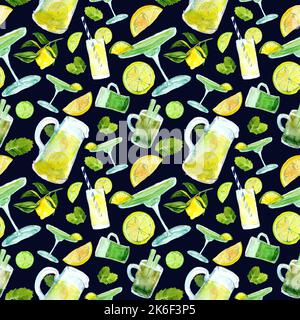 Motivo acquerello senza cuciture con margarita, tè verde in decanter, bicchieri, lime, menta. Illustrazione di limonata fatta in casa con frutta. Design ecologico Foto Stock