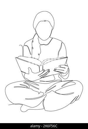Un disegno continuo della linea della ragazza che legge un libro. Concetto di vettore di illustrazione a linea sottile. Disegno di contorno idee creative. Illustrazione Vettoriale