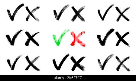 Pennello verniciato sì e nessun segno di spunta impostato. Collezione di segni a croce e assegno in bianco e nero. Icone di approvazione e rifiuto dei voti disegnati. Emblemi X e V. Illustrazione Vettoriale