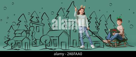 Bambini divertenti con slitta, alberi disegnati e case su sfondo verde Foto Stock