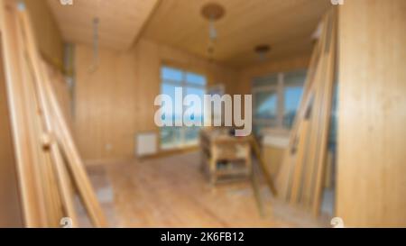 Costruzione interna di un nuovo progetto di casa con pareti di sfondo luminoso. Scale in stanza vuota. Sfocato e Blured stanza vuota luminosa senza Foto Stock