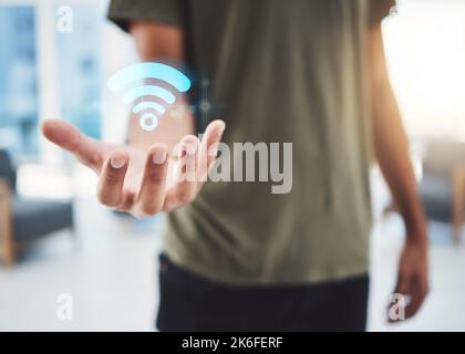 Ologramma a mano WiFi, futuristico 5g e display Internet wireless per mostrare l'innovazione tecnologica. Futuro, digitale e online neon segno di un uomo tecnologico Foto Stock