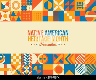 Mese del Patrimonio Neo Americano nativo sfondo geometrico. Mese nazionale nativo americano del patrimonio. Celebrazione della consapevolezza di novembre. Banner orizzontale Illustrazione Vettoriale