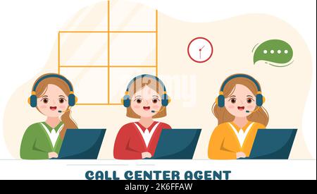 Agente del Servizio clienti o operatore di linea diretta di Call Center con cuffie e computer in cartoon piano modelli disegnati a mano Illustrazione Illustrazione Vettoriale