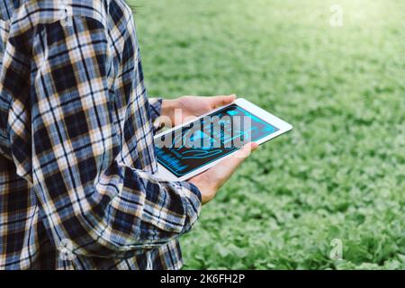 agronomo agricoltore mano utilizzando tablet mobile analisi dati sviluppo in serra idroponica giardino vivaio fattoria, smart farming, tec digitale Foto Stock