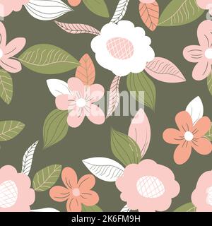 Motivi floreali senza cuciture basati su ornamenti tradizionali d'arte popolare. Fiori d'arte su sfondo colorato. Stile Scandinavo. Svezia stile nordico. Vettore Illustrazione Vettoriale