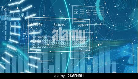 Immagine della scansione scope con testo 5g ed elaborazione dati su paesaggio urbano Foto Stock