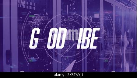 Immagine del testo di buone vibrazioni con la rete di connessioni ed elaborazione dei dati nella sala server Foto Stock