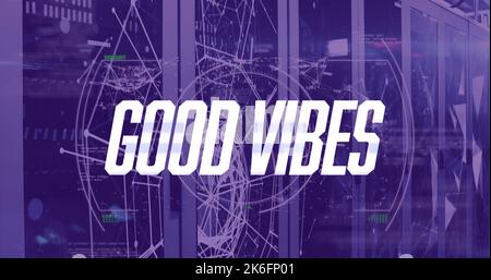Immagine del testo di buone vibrazioni con la rete di connessioni ed elaborazione dei dati nella sala server Foto Stock