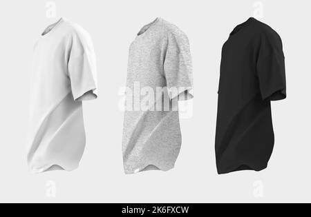 Imposta il bianco oversize. Nero e hearher t-shirt template 3D rendering, abbigliamento universale in cotone con rughe, isolato sullo sfondo. Beffa di mantello Foto Stock