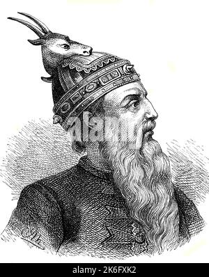 Kastriota, Gjergj Kastrioti, genannt Skanderbeg, 6. Maggio 1405 fino al 17. Januar 1468, war ein Fürst aus dem albanischen Adelsgeschlecht der Kastrioti und ein Militärkommandant, der von 1423 bis 1443 dem Osmanischen Reich, von 1443 bis 1447 der Republik Venedig und ab 1451 bis zu seinem Tod dem Königreich Neapel diente, Albanien, Historisch, digital restaurierte Reprodukindem aus 19. Jahrhundert, genaues Originalatum nicht bekannt / George Kastriota, Gjergj Kastrioti, chiamato Skanderbeg, 6 maggio 1405 - 17 gennaio 1468, è stato un principe della famiglia nobile albanese di Foto Stock