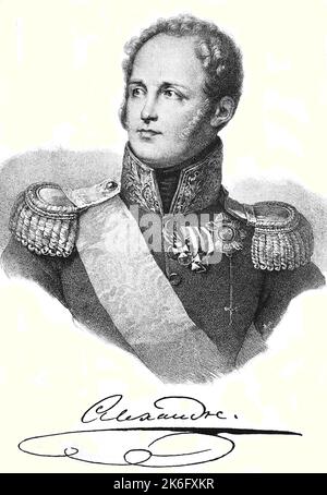 Alessandro I. Pawlowitsch Romanow, 23. Dicembre 1777 fino a 1. Dezember 1825 war Kaiser von Russland, König von Polen, erster russischer Großfürst von Finnland aus dem Hause Romanow-Holstein-Gottorp, Historisch, ristorante digitale Reproduktion einer Originalvorlage aus dem 19. Jahrhundert, genaues Originalatum nicht bekannt / Alexander I. Pavlovich Romanov, dal 23 dicembre 1777 al 1 dicembre 1825 fu Imperatore di Russia, Re di Polonia, primo Granduca di Finlandia russo dalla Casa di Romanov-Holstein-Gottorp, riproduzione storica, restaurata digitalmente di un originale del 19th ° secolo, esatto orig Foto Stock