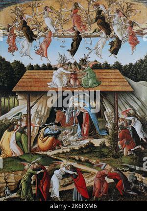 Sandro Botticelli (1. März 1445 fino 17. Maggio 1510), Alessandro di Mariano Filipepi oder Sandro di Mariano di Vanni Filipepi, war einer der bedeutendsten italienischen Maler und Zeichner der frühen Renaissance, hier das Gemälde Christi Geburt, Historisch, digital restaurierte Reproduktion einer Originalvorlage aus dem 19. Jahrhundert, genaues Originalatum nicht bekannt / Sandro Botticelli (1 marzo 1445 - 17 maggio 1510), Alessandro di Mariano Filipepi o Sandro di Mariano di Vanni Filipepi, fu uno dei più importanti pittori e disegnatori italiani del primo Rinascimento, qui il dipinto Foto Stock