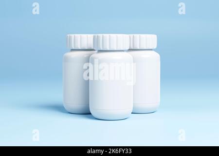 Tre bottiglie mediche di plastica bianca. Farmacia mockup. Modello medico.3D illustrazione Foto Stock