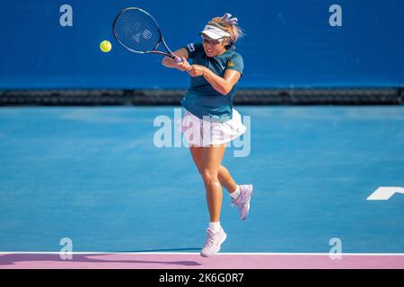 HUA HIN, THAILANDIA - 14 OTTOBRE: Punnin Kovapitukted of Thailand giocando con Sofia Costoulas del Belgio nella doppia partita semifinale contro Hong Yi Cody Wong di Hong Kong e Chao-Yi Wong di Taipei cinese all'industria CAL-COMP & CCAU 4,0 ITF TENNIS TOUR 2022 alla True Arena Hua Hin il 14 ottobre, 2022 a HUA HIN, THAILANDIA (Foto di Peter van der Klooster/Alamy Live News) Foto Stock