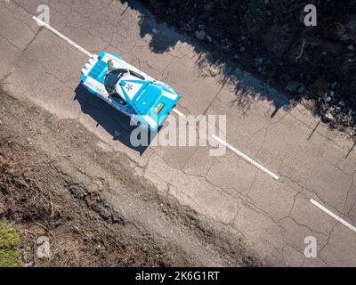 Novella, Corsica, Francia - 7th ottobre 2022: Sebastien Bottinelli e Jean-Christophe Rosier si sfidano nella loro Lancia Stratos nel 2022 Tour de Corse Foto Stock