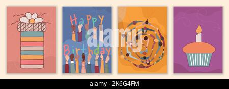 Biglietto d'auguri di colore brillante o banner o pagina impostato con persone in cerchio visto dall'alto festeggiamento.mani rialzate tenendo lettere che formano testo -felice Illustrazione Vettoriale