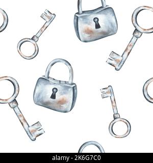 Chiave di ferro arrugginita e un motivo di blocco senza cuciture. Illustrazione vintage acquerello. Isolato su sfondo bianco. Per i tessuti di design, carta da imballaggio Foto Stock