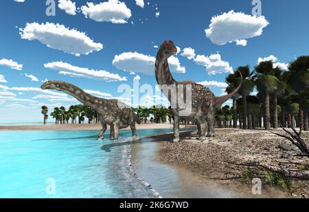 Dinosauro Diamantinasaurus in spiaggia Foto Stock