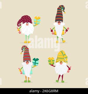 Cute gnomes di Natale. Caratteri vettoriali in stile piatto. Set di gnomi di Natale con caramelle regalo illustrazione Illustrazione Vettoriale