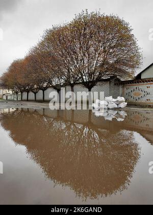 Una pozza marrone enorme lungo la recinzione di mattoni. Resti d'inverno. Sacchetti di plastica con immondizia su una strada residenziale nel settore privato. Foto Stock