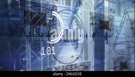 Immagine delle equazioni matematiche e dell'elaborazione dei dati sul globo rotante contro la sala server Foto Stock