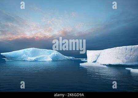 Iceberg nel mare artico, sciogliendo galleggianti di ghiaccio causati dal riscaldamento globale e danni ambientali, clima polare, illustrazione Foto Stock