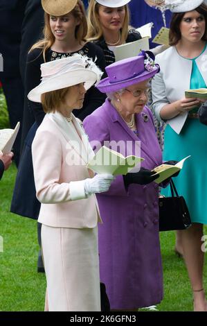 Ascot, Berkshire, Regno Unito. 20th giugno, 2013. Sua Maestà la Regina guarda i cavalli nel Parade Ring prima che il suo cavallo vince la Coppa d'oro Ascot. Questa era una giornata storica in quanto era la prima volta che un monarca regnante aveva vinto la Gold Cup. La stima è stata guidata dal jockey Ryan Moore. La regina Elisabetta II era dovuta alla presentazione per la Coppa d'Oro, ma suo figlio, il Duca di York, fece la presentazione. Data di pubblicazione: 14th ottobre 2022. Credito: Maureen McLean/Alamy Foto Stock