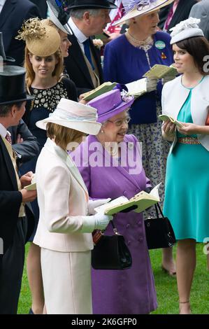 Ascot, Berkshire, Regno Unito. 20th giugno, 2013. Sua Maestà la Regina guarda i cavalli nel Parade Ring prima che il suo cavallo vince la Coppa d'oro Ascot. Questa era una giornata storica in quanto era la prima volta che un monarca regnante aveva vinto la Gold Cup. La stima è stata guidata dal jockey Ryan Moore. La regina Elisabetta II era dovuta alla presentazione per la Coppa d'Oro, ma suo figlio, il Duca di York, fece la presentazione. Data di pubblicazione: 14th ottobre 2022. Credito: Maureen McLean/Alamy Foto Stock