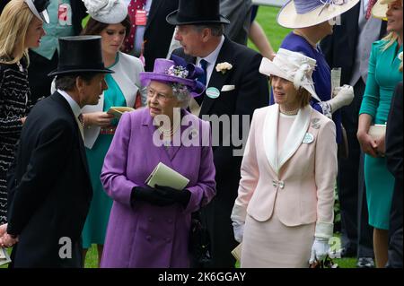 Ascot, Berkshire, Regno Unito. 20th giugno, 2013. Sua Maestà la Regina guarda i cavalli nel Parade Ring prima che il suo cavallo vince la Coppa d'oro Ascot. Questa era una giornata storica in quanto era la prima volta che un monarca regnante aveva vinto la Gold Cup. La stima è stata guidata dal jockey Ryan Moore. La regina Elisabetta II era dovuta alla presentazione per la Coppa d'Oro, ma suo figlio, il Duca di York, fece la presentazione. Data di pubblicazione: 14th ottobre 2022. Credito: Maureen McLean/Alamy Foto Stock