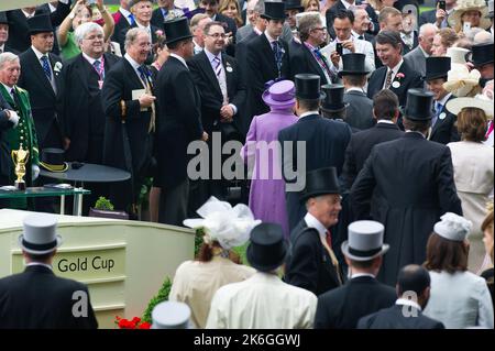 Ascot, Berkshire, Regno Unito. 20th giugno, 2013. Sua Maestà la Regina è stata chiaramente felice come la sua stima cavallo ha vinto la Coppa d'oro Ascot oggi il giorno delle Signore a Royal Ascot. Questa era una giornata storica in quanto era la prima volta che un monarca regnante aveva vinto la Gold Cup. La stima è stata guidata dal jockey Ryan Moore. La regina Elisabetta II era dovuta alla presentazione per la Coppa d'Oro, ma suo figlio, il Duca di York, fece la presentazione. Data di pubblicazione: 14th ottobre 2022. Credito: Maureen McLean/Alamy Foto Stock