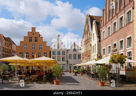 Storiche Case mercantili al mercato, Città Vecchia, Warendorf, Renania settentrionale-Vestfalia, Germania, Europa Foto Stock