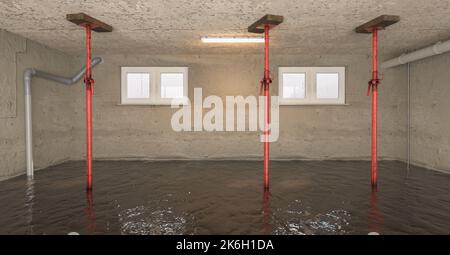 Danni all'acqua dopo l'allagamento nel seminterrato con supporti a soffitto Foto Stock