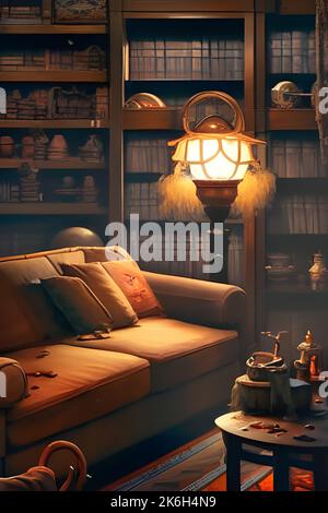 Un ritratto verticale di un dipinto di una stanza accogliente in casa Foto Stock