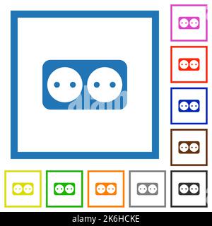 Presa elettrica con due connettori femmina, icone di colore piatto in cornici quadrate su sfondo bianco Illustrazione Vettoriale
